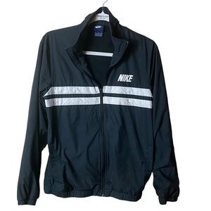 Nike Wm’s Sz Med Black White Stripes 2 Logo Athletic Windbreaker Full Zip Jacket